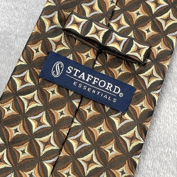 Stafford Mens Neck Tie Brown Geometric Print Woven Polyester - Picture 1 of 13